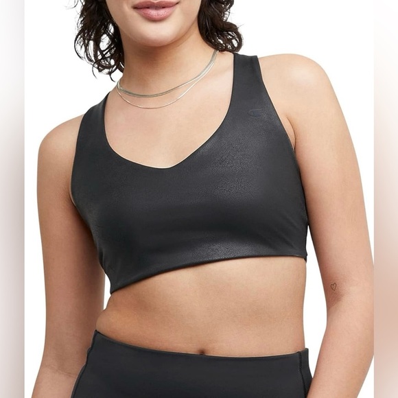Champion Soft Moisture Wicking Low Impact Sports Bra in Black Faux Leather - Picture 1 of 5